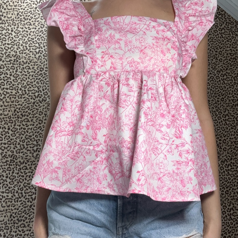 SHEIN Pink White Floral Ruffle-Sleeve Peplum Top